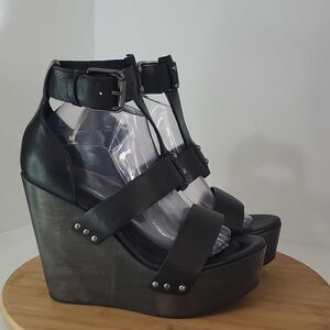 All Saints Rotchko Wedge Black Leather Strappy Sandal Size EU 40 NWT
